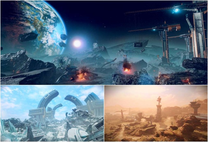 달의 '자리스 유적지대(위)'와 해왕성의'갈라테아 빙하지대(아래 왼쪽)', 화성의 '무어랜드(아래 오른쪽)'.