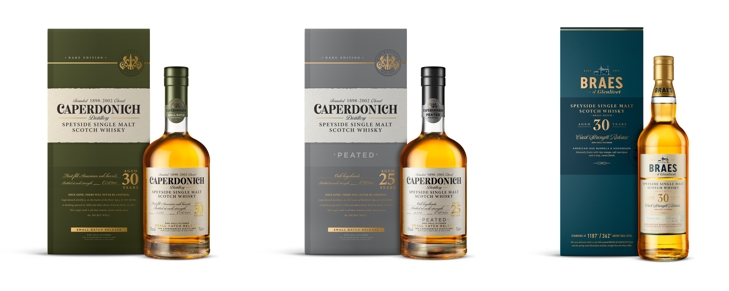 왼쪽부터 카퍼도닉 30년, 카퍼도닉 피티드 25년, 브레이즈 오브 글렌리벳 30년