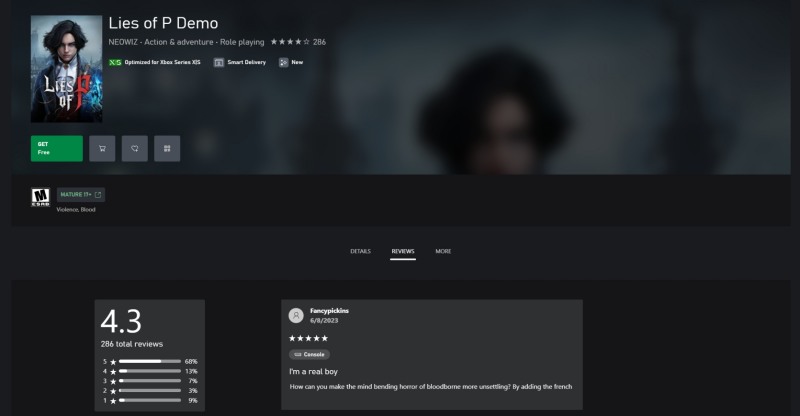 'P의 거짓' 엑스박스 북미 스토어 평점(제공=네오위즈).