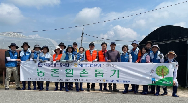 (오른쪽 여섯 번째부터 : 조은주 NH농협은행 서울본부장, 심성훈 농가대표, 김승영 서울신용보증재단 상임이사, 이상희 서울신용보증재단 신용보증기획부장) 12일 농협은행 서울본부와 서울신용보증재단은 강원도 춘천시 멜론농가를 찾아 농가일손 돕기를 실시했다. / 사진=NH농협은행 제공