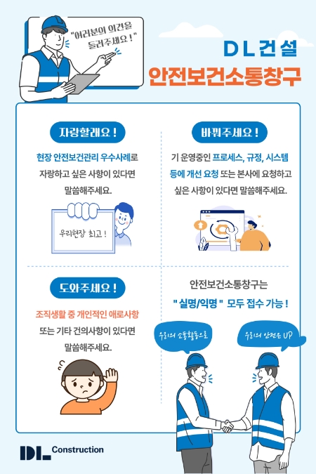 DL건설은 안전보건 관리 우수사례를 확산하고자 기존의 창구를 일원화 한 ‘안전보건 소통창구’를 운영하고 있다고 13일 밝혔다. 사진은 DL건설의 안전보건 소통창구 포스터의 모습. (사진 = DL건설 제공)