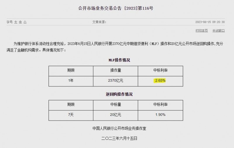 (상보) 中인민은행 유동성 370억위안 순공급...1년물 MLF 금리 2.65%로 10bp 낮춰