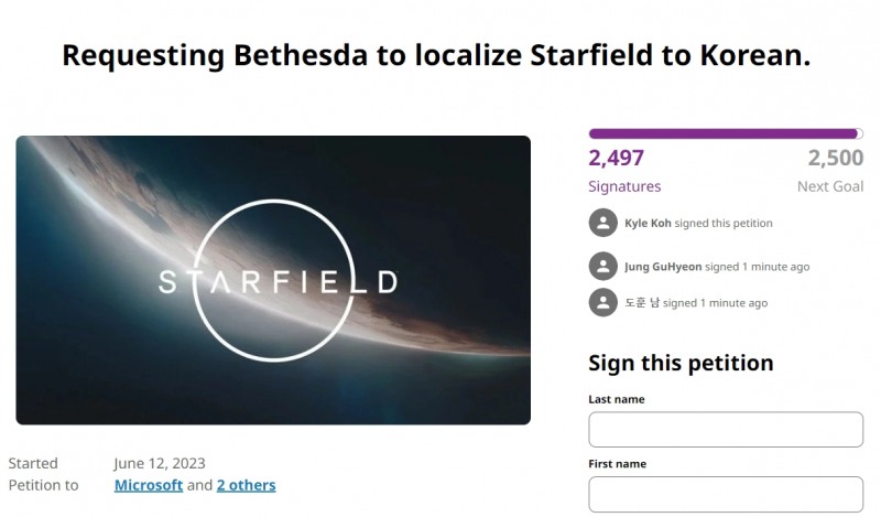 '스타필드' 한글화 이용자 청원 성명(출처=글로벌 청원 플랫폼 'Change.org' 화면 캡쳐).