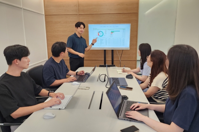 풀무원 임직원이 RPA 솔루션을 활용해 달성한 업무 효율화 데이터를 분석하고 있다. / 사진=풀무원 제공