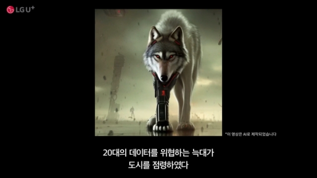 LG유플러스는 생성형 AI를 활용한 영상 광고를 론칭했다고 4일 밝혔다. 사진은 영상 광고 중 생성형 AI로 만든 아기돼지 삼형제 이야기에 기반해 유쓰 청년요금제를 소개하는 모습.