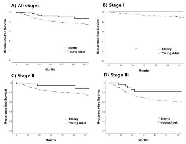 고령대젊은대장암환자무재발생존율분석그래프