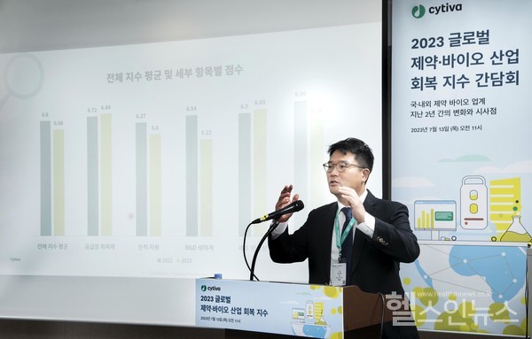 싸이티바2023글로벌제약∙바이오산업회복지수에대해발표하고있는13일싸이티바코리아최준호대표가싸이티바와롱지튜드가함께조사한'2023글로벌제약∙바이오산업회복지수'보고서를발표하고있다.