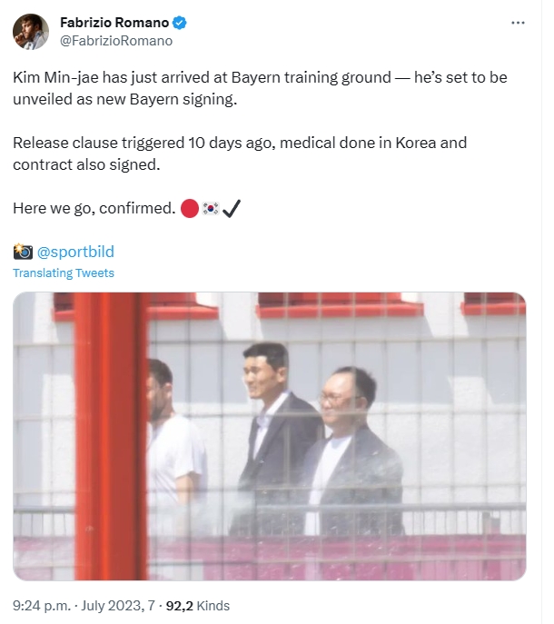 뮌헨 훈련장에 도착한 김민재 / 사진 출처=파브리지오 로마노 기자 트위터