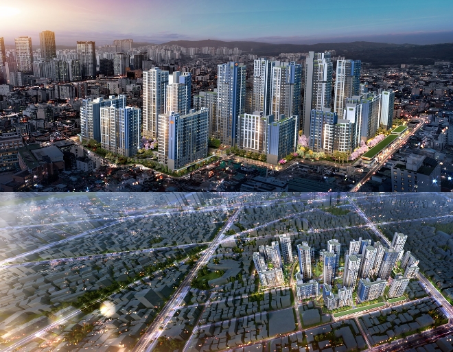 서울 면목역 모아타운 투시도(위쪽) 및 조감도 / 사진=DL건설 제공