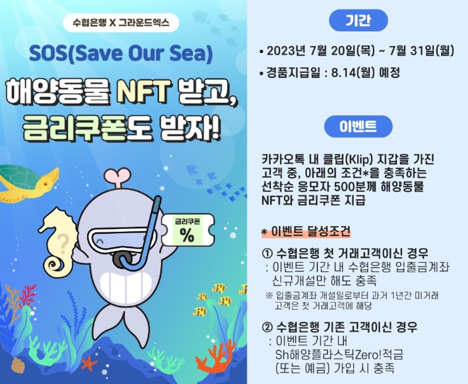 Sh수협은행(은행장 강신숙)은 카카오 블록체인 계열사 그라운드엑스(대표 양주일)와 손잡고 해양동물 보호를 위한 ‘SOS(Save Our Sea)이벤트’를 실시한다고 25일 밝혔다. / 이미지=Sh수협은행 제공