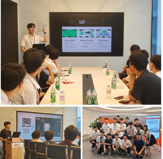 올림플래닛은 지난 21일 서울 강남구 소재 올림플래닛 본사에서 송파구 자율형 사립고등학교 보인고등학교 학생 15여 명을 대상으로 메타버스 진로 탐색 프로그램을 지원했다고 25일 밝혔다. 사진은 (상단)올림플래닛 마케팅실 김승민 팀장, (좌측하)올림플래닛 실감콘텐츠실 CD팀 이중석 팀장, (우측하)메타버스 진로 탐색 프로그램에 참석한 보인고등학교 학생들의 모습. (사진 = 올림플래닛 제공)