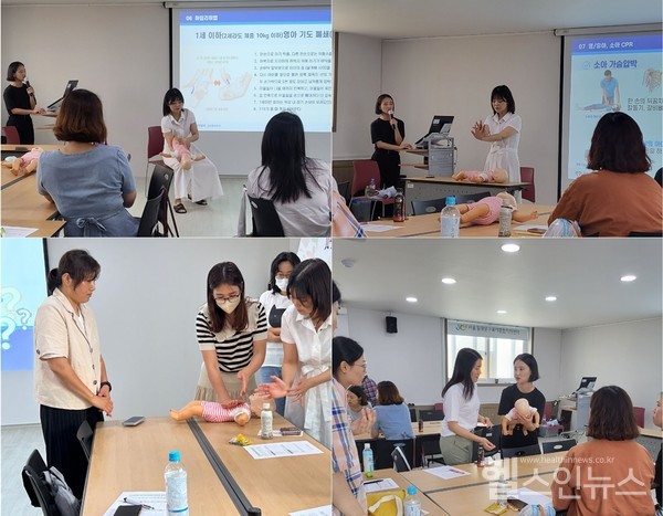 20일동대문구육아종합지원센터에서진행된‘119가오기전까지부모도할수있다’교육에서영유아부모들이심폐소생술교육에참여하고있다.