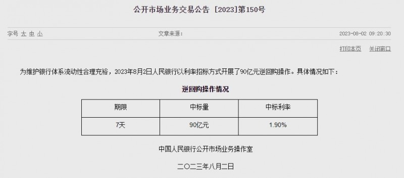 (상보) 中인민은행 유동성 950억위안 순회수...이번주 1140억위안 순회수
