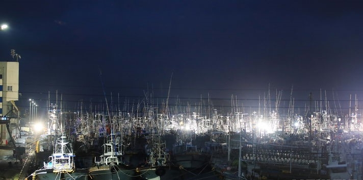 제6호 태풍 '카눈(KHANUN)'이 북상 중인 9일 오후 제주 서귀포시 성산읍 성산항에 피항 중인 선박들이 불을 환히 밝히고 정박해 있다.