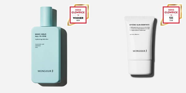 왼쪽부터 무슈제이 베이직 아쿠아 올인원, 하이드로 선 에센스