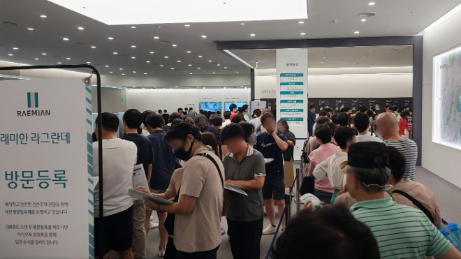 16일 한국부동산원 청약홈에 따르면 ‘래미안 라그란데’ 1순위 청약 결과 468가구(특별공급 제외)에 총 3만7024건의 청약(해당·기타지역 합산)이 몰려 평균 79.1대 1의 경쟁률을 기록했다. 사진은 ‘래미안 라그란데’ 견본주택에 몰려든 방문객들의 모습. (사진 = 삼성물산 제공)