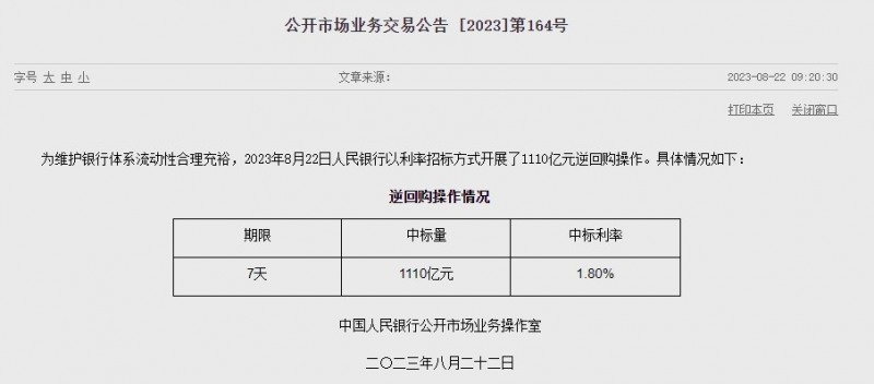 (상보) 中 인민은행 유동성 930억위안 순회수...이번주 650억위안 순회수