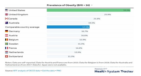 KFF이분석한미국과주요국가성인비만율(출처:한국바이오협회바이오경제연구센터보고서)