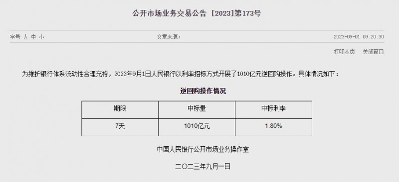 (상보) 中 인민은행 유동성 1200억위안 순회수...이번주 6810억위안 순공급