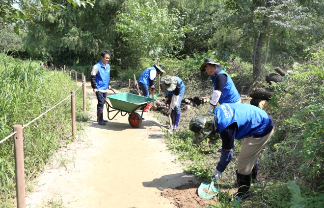 신한투자증권 임직원들이 1일 여의도 샛강생태공원에서 산책로 보수를 진행했다. / 사진=신한투자증권 제공