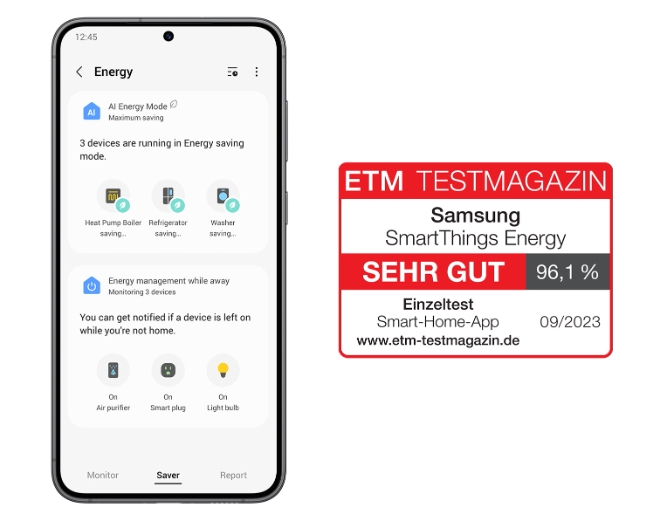 삼성전자 스마트싱스 에너지가 독일 유력 매체 ETM으로부터 100점 만점에 96.1점을 받으며 평가 최고 등급인 매우 좋음을 받았다. / 사진=삼성전자 제공