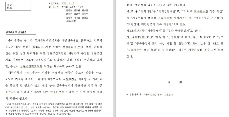 민주당 부울경 의원들, 산업은행 부산 이전 촉구...한국산업은행법 개정안 발의