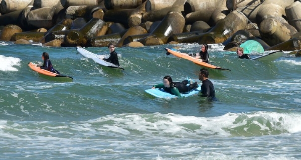 절기상 백로(白露)인 8일 경북 포항시 북구 흥해읍 용한리 해변에서 서퍼들이 가을 파도를 즐기고 있다.