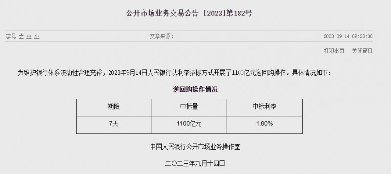 (상보) 中 인민은행 유동성 2200억위안 순회수..이번주 2170억위안 순공급