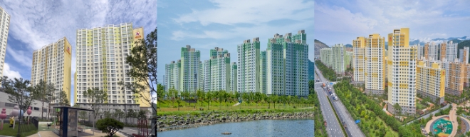 (사진 왼쪽부터) 태백 포레스트 애시앙(임대), 광양목성 파크뷰 부영(임대), 부산신항 마린애시앙(분양) 전경 / 사진=부영그룹 제공