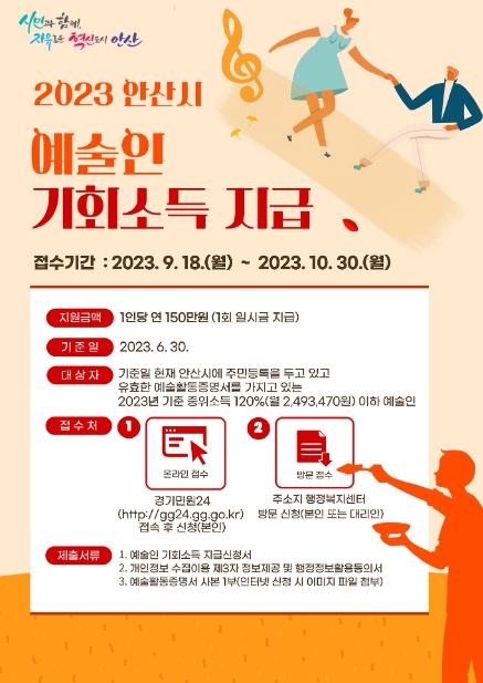 안산시, 예술인 기회소득 150만원 지급