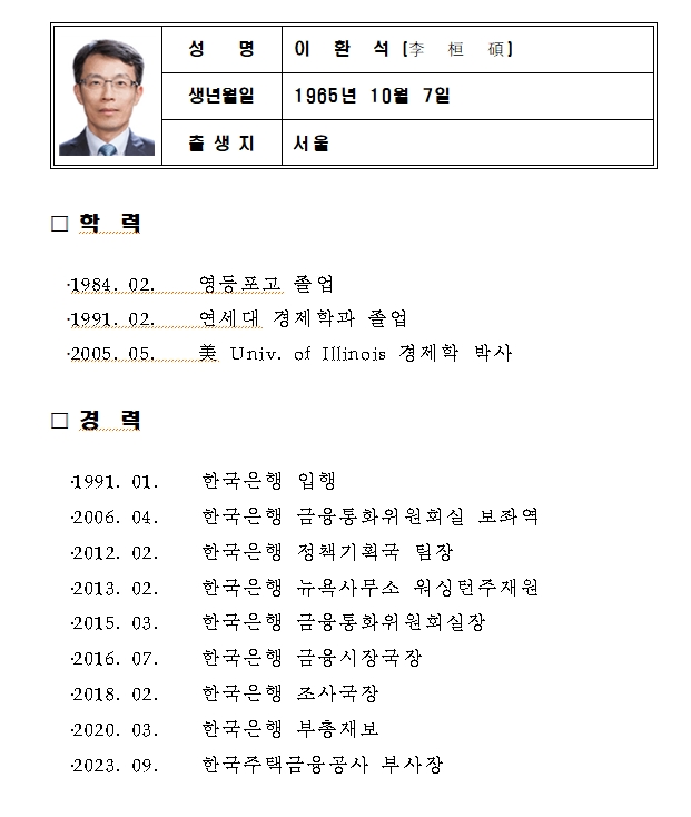 주택금융공사 부사장에 이환석 전 한국은행 부총재보 임명