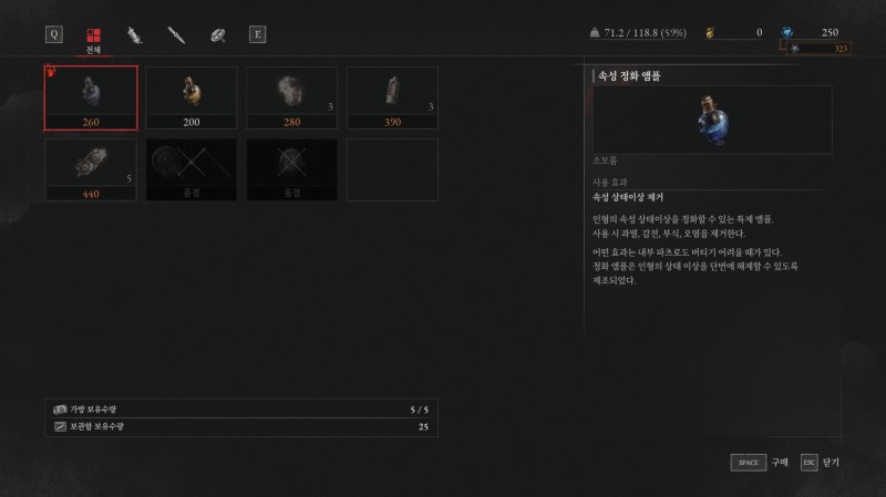 'P의 거짓' 떠돌이 상인 판매 화면. 크라트 호텔에서 보다 약 2배 가량 싼 값에 판매되고 있다.