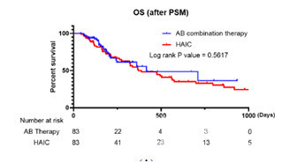 아테졸리주맙베바시주맙병용요법으로치료받은환자와같은기간에간동맥주입화학요법으로치료받은환자의생존율을비교한결과,치료성적에큰차이가없음을확인하였다.