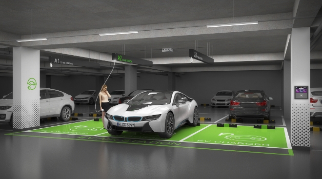 한화 건설부문이 LG유플러스와 국내 최초로 천장형 전기차 충전시스템을 개발 완료했다. / 사진=한화 건설부문 제공