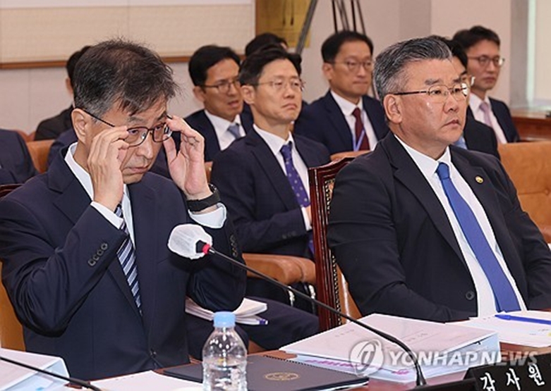 안경 고쳐쓰는 최재해 감사원장(사진=연합)