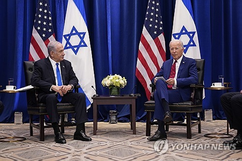 2023년 9월 유엔총회를 계기로 뉴욕에서 만난 조 바이든 미국 대통령(오른쪽)과 베냐민 네타냐후 이스라엘 총리(왼쪽)(사진=연합)