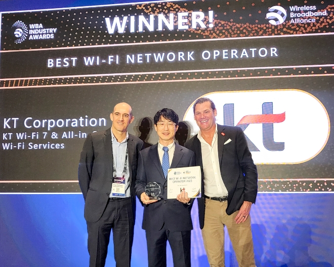 KT는 지난 25일(현지시간) 프랑스 파리에서 열린 ‘WBA 어워드’에서 ‘최고 와이파이 네트워크 사업자’ 부문을 수상했다고 26일 밝혔다. 사진은 WBA 어워드에서 수상 기념 촬영을 하고 있는 (좌측부터)Tiago Rodrigues WBA CEO, KT GiGA단말개발-TF 장하욱 팀장, Derek Peterson의 모습. (사진 = KT 제공)