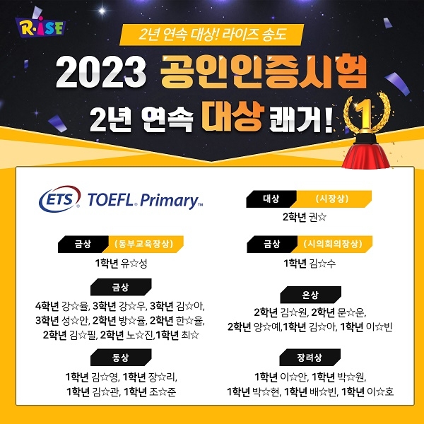 라이즈 송도캠퍼스, 초등생 대상 ‘토플 프라이머리’서 2년 연속 대상 쾌거