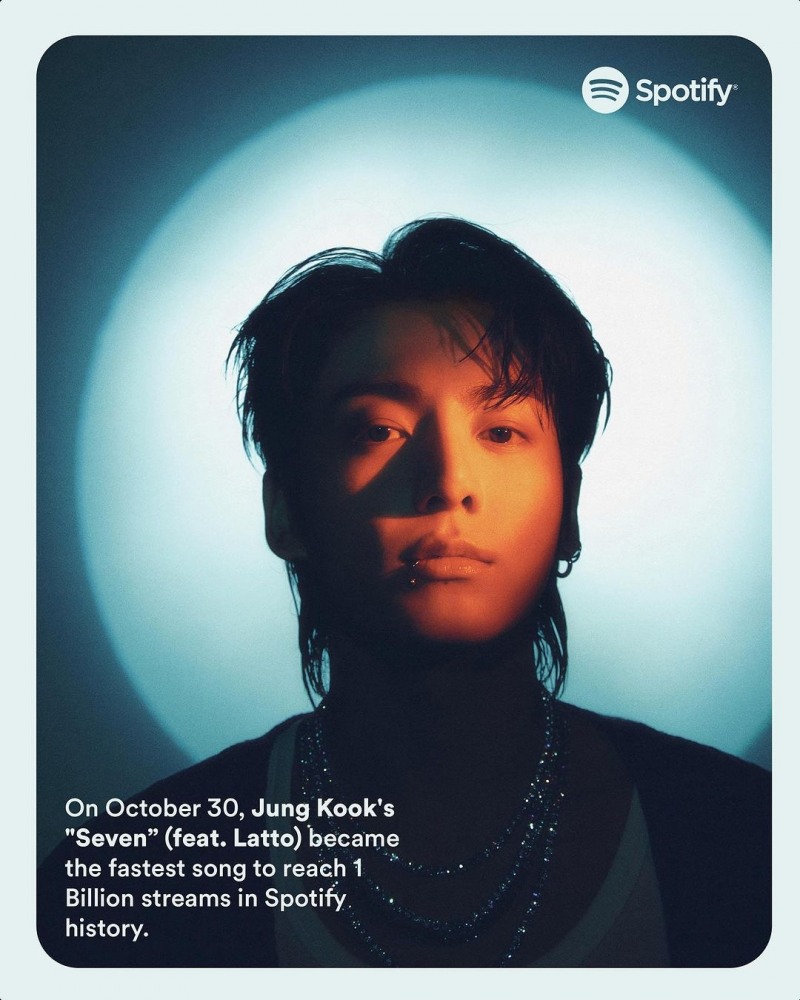 정국 ‘Seven’, 스포티파이서 누적 10억 재생 돌파…역대 최단기간 달성 신기록