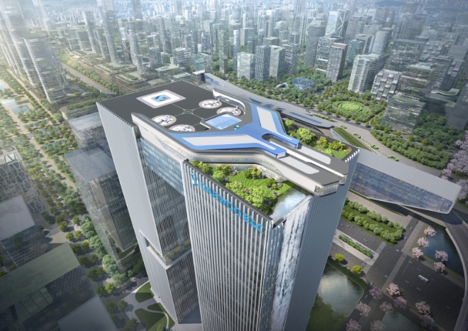 대우건설은 제주항공과 함께 ‘2023 제1회 고흥 드론·UAM 엑스포’에 참가해 도심형 고층빌딩 버티포트 설계와 UAM 운항통제시스템 전시를 진행했다고 7일 밝혔다. 사진은 대우건설이 설계한 도심고층형 버티포트 투시도. (사진 = 대우건설 제공)
