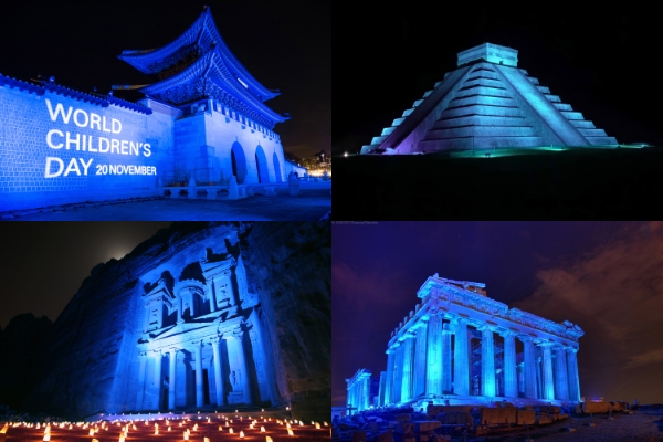 ‘세계어린이의 날’을 기념해 유니세프 상징색인 파란색 조명을 밝힌 광화문(2020), 멕시코 치첸이사(2021) 및 요르단 페트라(2019), 그리스 아크로폴리스(2019) 모습(사진제공=유니세프한국위원회)