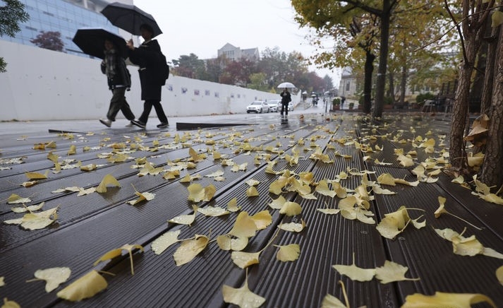 지난 16일 오전 서울 성북구 고려대학교 서울캠퍼스에서 학생들이 우산을 쓰고 이동하고 있는 모습.