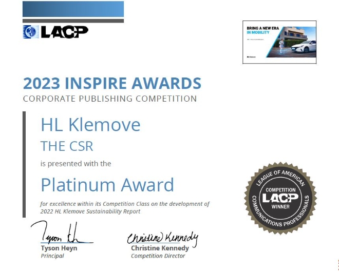 HL그룹 자율주행 전문기업 ㈜HL클레무브는 자사의 지속가능경영보고서가 LACP 2023 ‘인스파이어 어워즈’에서 대상을 수상했다고 24일 밝혔다. 사진은 HL클레무브 LACP 2023 인스파이어 어워즈 수상 인증서. (사진 = ㈜HL클레무브 제공)