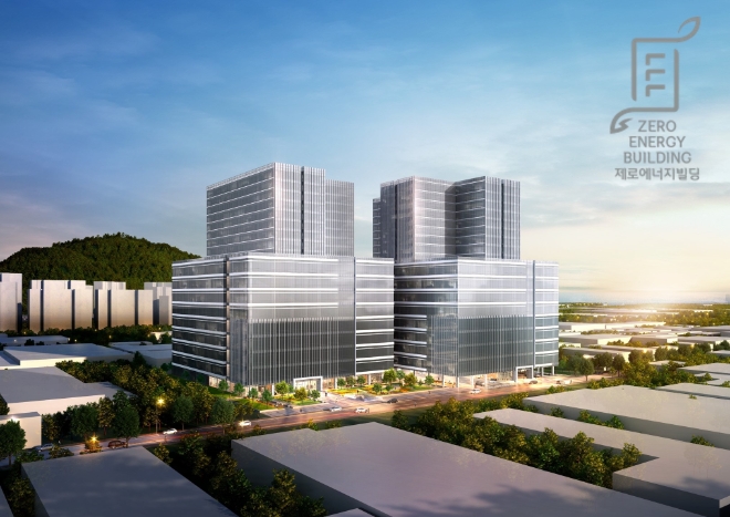 SK에코플랜트가 시공하는 서부산 SK V1 지식산업센터(투시도)가 중대형 SOFC 연료전지를 적용해 제로에너지빌딩 예비인증을 획득했다. / 사진=SK에코플랜트 제공
