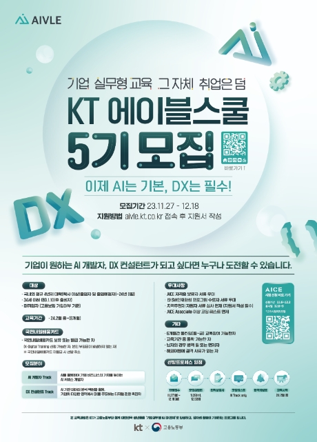 KT는 다음달 18일까지 청년 디지털 인재 양성 프로그램 ‘KT 에이블스쿨 5기’ 교육생을 모집한다고 29일 밝혔다. 사진은 KT에이블스쿨 5기 모집 공고 안내포스터. (사진 = KT 제공)