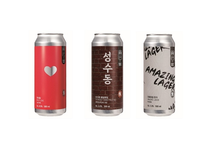 (왼쪽부터) 어메이징브루잉컴퍼니의 첫사랑IPA, 성수동 페일에일, 어메이징 라거