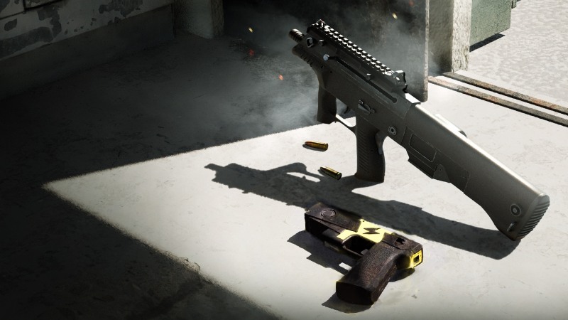 권총 형태의 테이저 건인 '스턴 건(사진 아래)'과 보다 강력해진 신규 SMG 'JS9'.