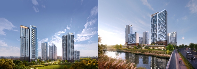 대방동 군부지 투시도(왼쪽)와 양정역세권 S-8BL 투시도 / 사진=대우건설 제공