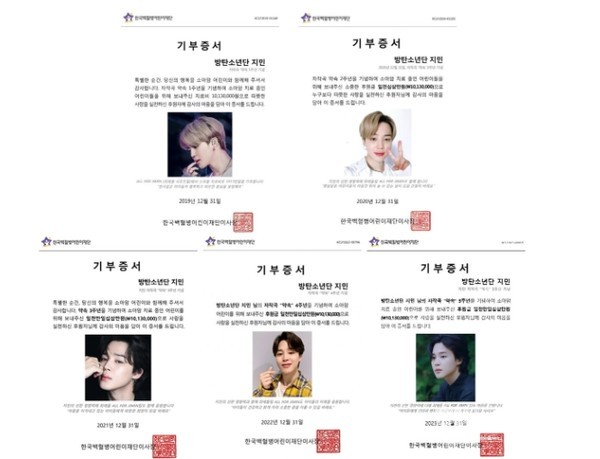 BTS지민팬카페‘최애돌팀ALLFORJIMIN’5년간의기부증서.출처:한국백혈병어린이재단