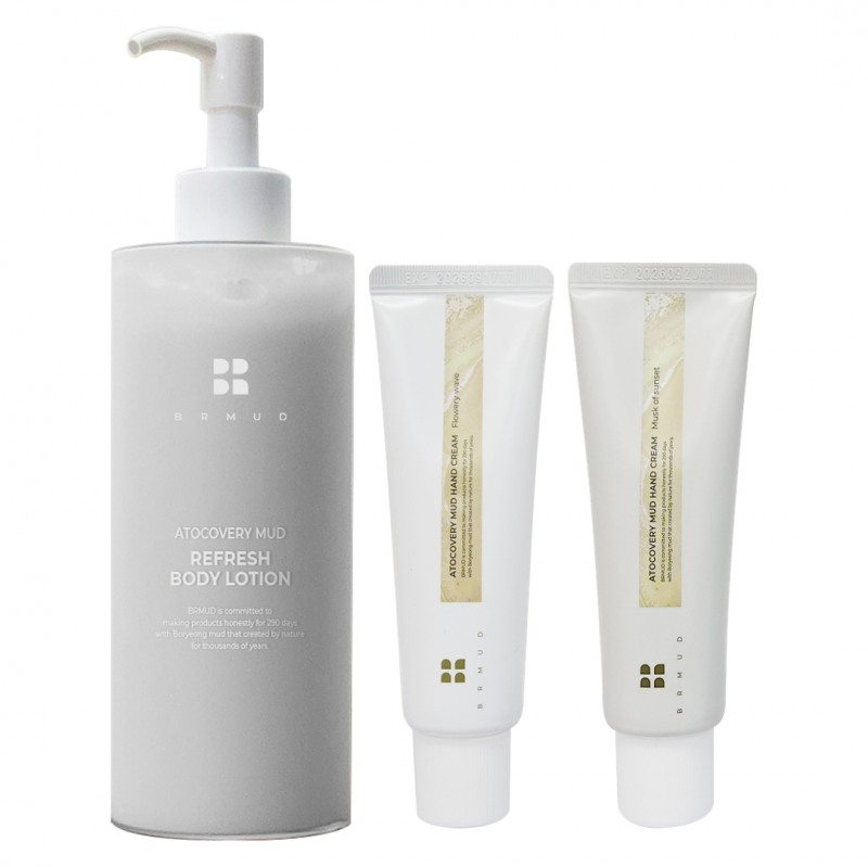 2023년 12월 29일에 쿠팡에서 선런칭된 비알머드의 신제품(왼쪽부터) ‘아토커버리 머드 리프레시 바디로션’, ‘아토커버리 머드 핸드크림 2종’